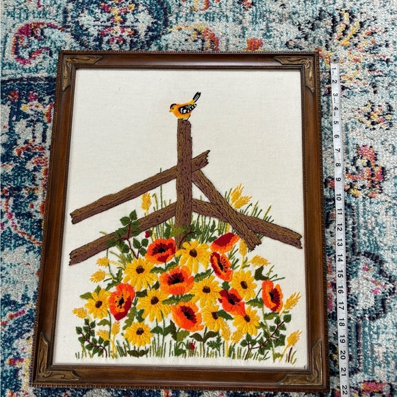 Vintage yellow bird on fence and flowers wood framed embroidered crewel - Picture 3 of 4